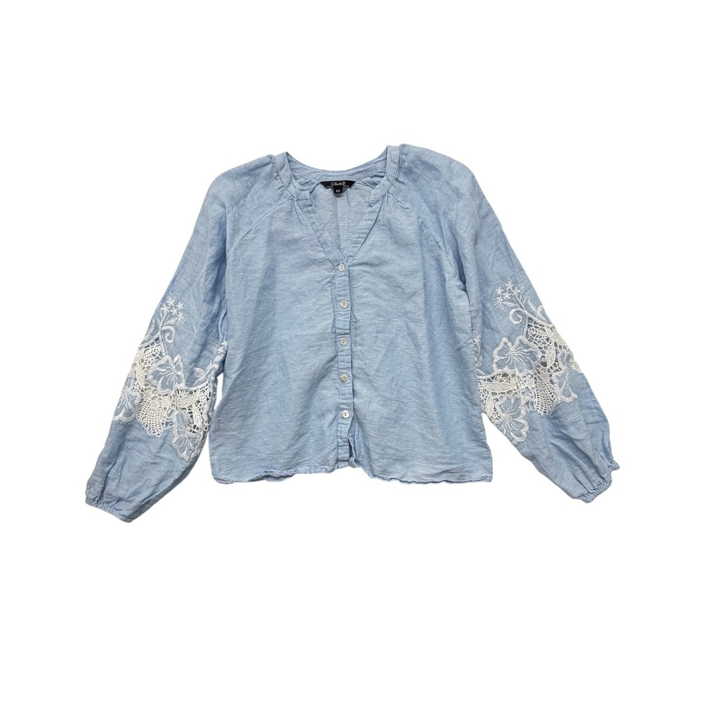 Charlie B Women Blue Cotton Linen Lace Embroidery Sleeve Button Up Blouse P S - Picture 3 of 11